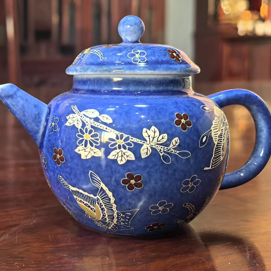 G2626-傲雪寒梅蝶舞青花壶蓝色家用陶瓷纯手工复古泡茶壶泡壶