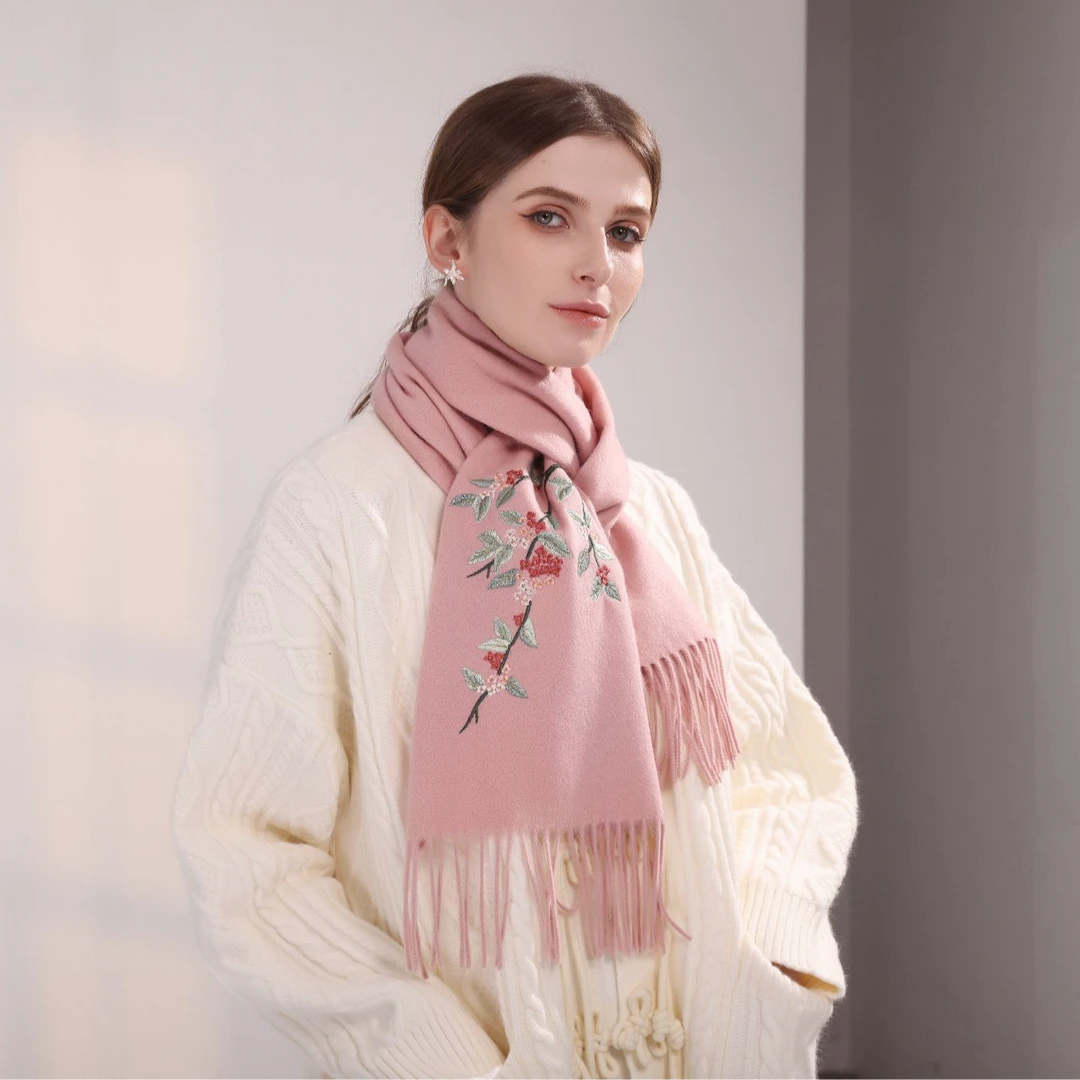 达芬奇密码【金秋桂雨】180cm*30cm100%绵羊毛粗纺刺绣羊毛围巾披肩