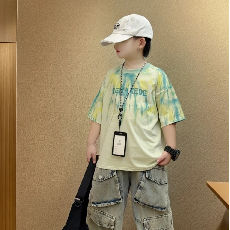 扎染宽松男童T恤上衣中大童休闲圆领极简风半袖短袖纯棉