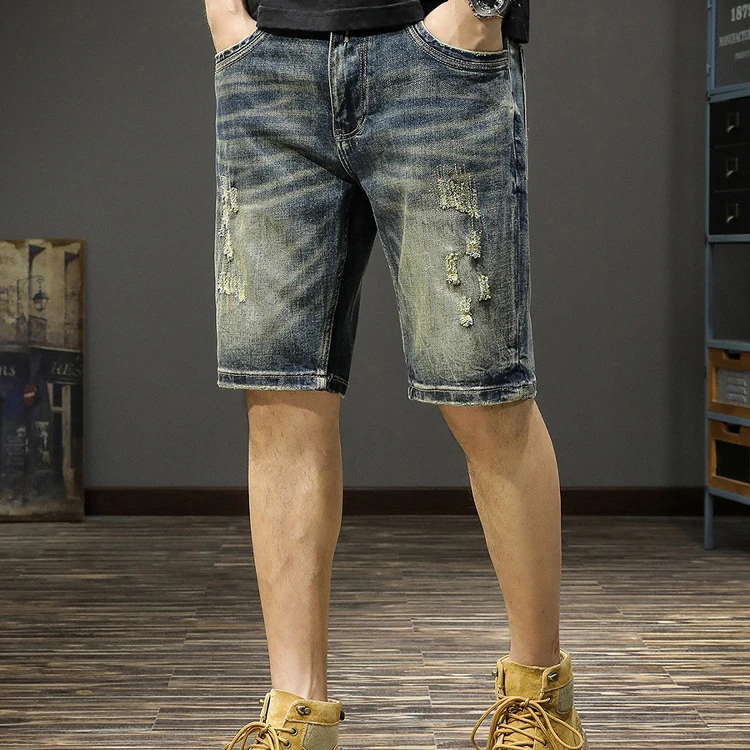 艾塞西隆比复古破洞牛仔短裤男夏季薄款水洗做旧五分裤休闲中裤