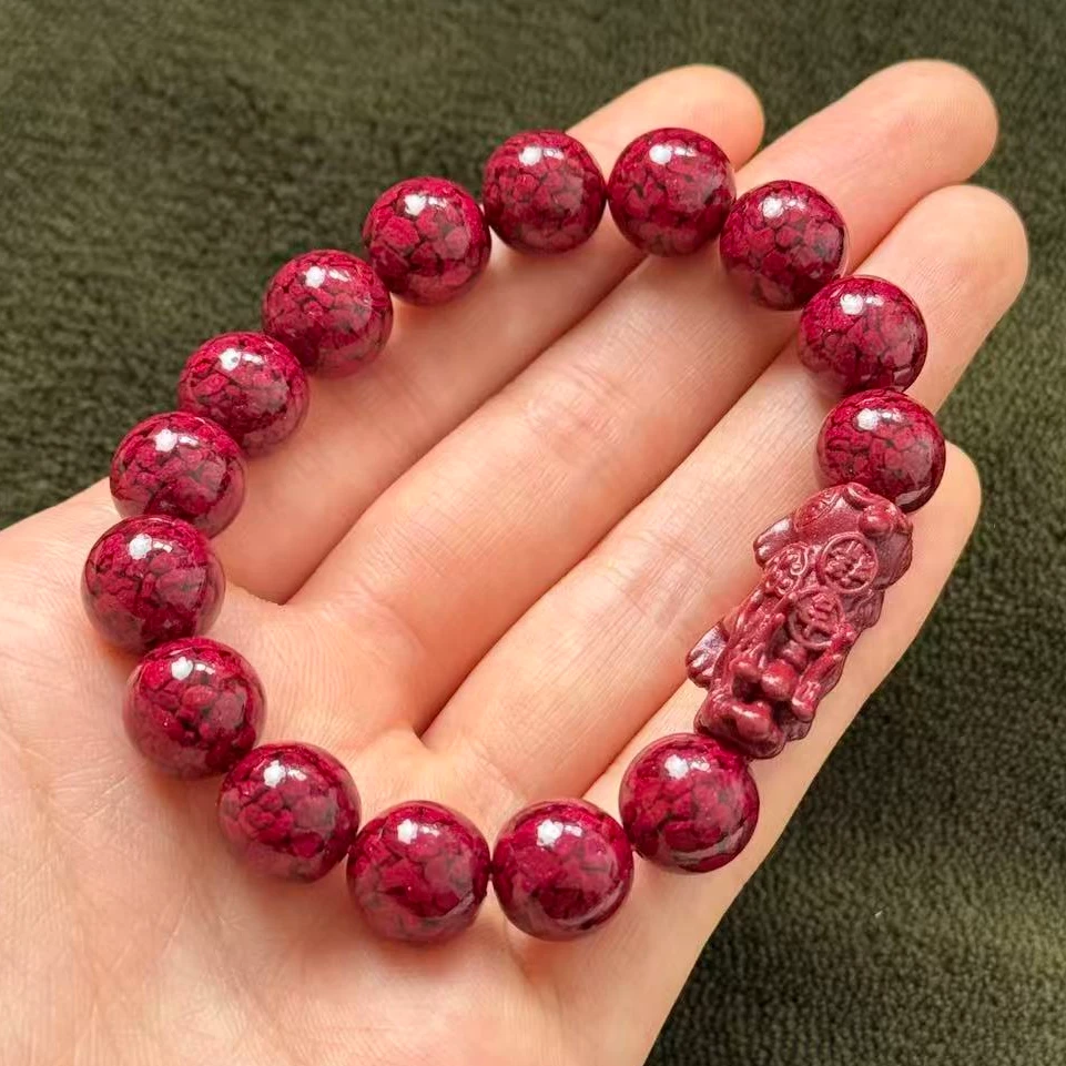 含辰砂工艺品G12天然朱砂晶体砂貔貅手串12mm左右