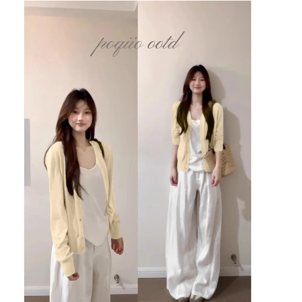 奶黄色针织开衫打底衫女款爆款2025新款纯欲莱赛尔天丝薄款罩衫