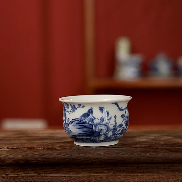 景德镇制览源堂高白釉青花瓷喜上枝头布袋客杯茶杯中式品茗杯