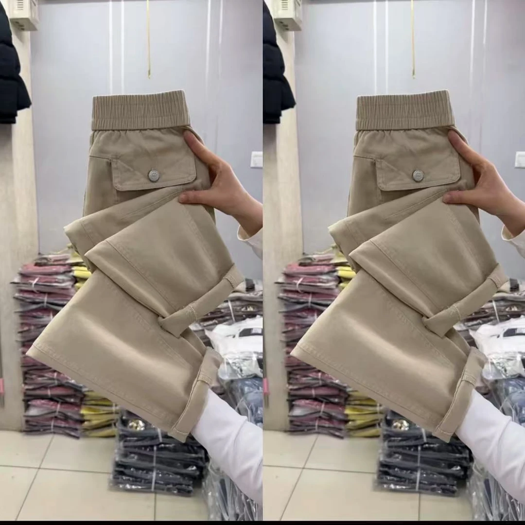 哈伦裤女2025春季新款水洗棉牛仔宽松松紧高腰显瘦九分直筒休闲裤