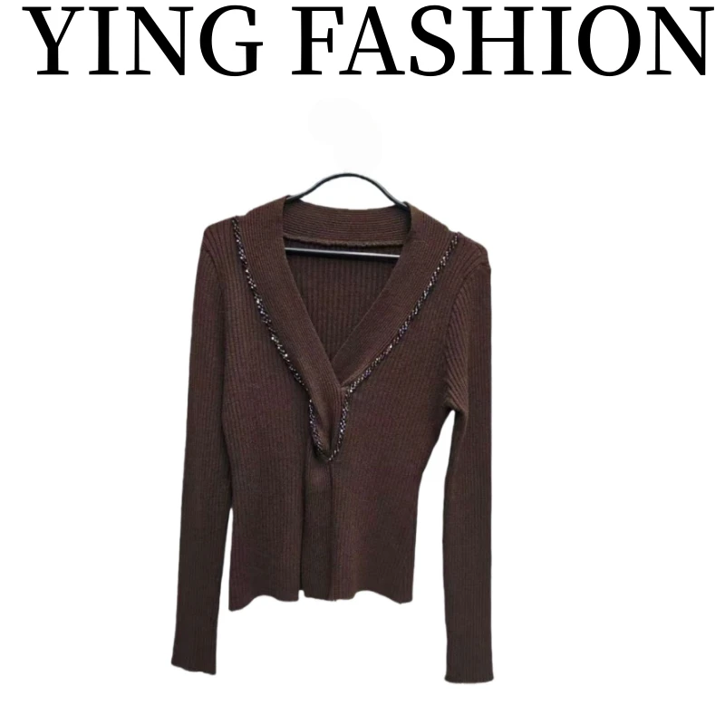 【YING FASHION】莹老板-设计款百搭V领钻毛衣 91070338 480