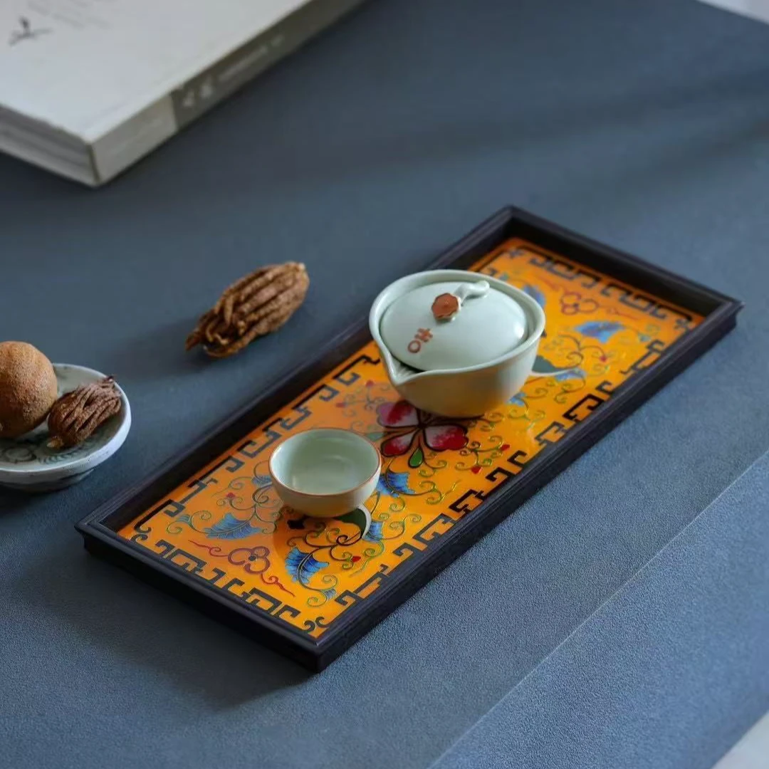 紫光檀景泰蓝茶盘干炮台中式红木托盘