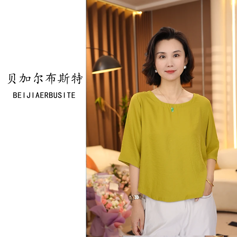 冰凉垂感~满分莱赛尔圆领夏季禅意风休闲小衫t恤薄款五分袖