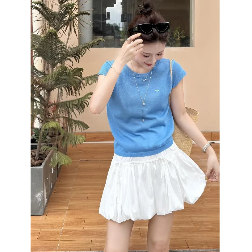 韩系休闲风减龄气质简约夏季新款百搭透气针织上衣【夏日滤镜】