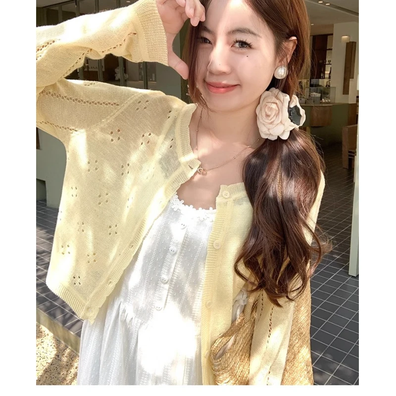 韩系百搭薄款镂空防晒针织开衫女2025夏季新款休闲外搭开衫空调衫