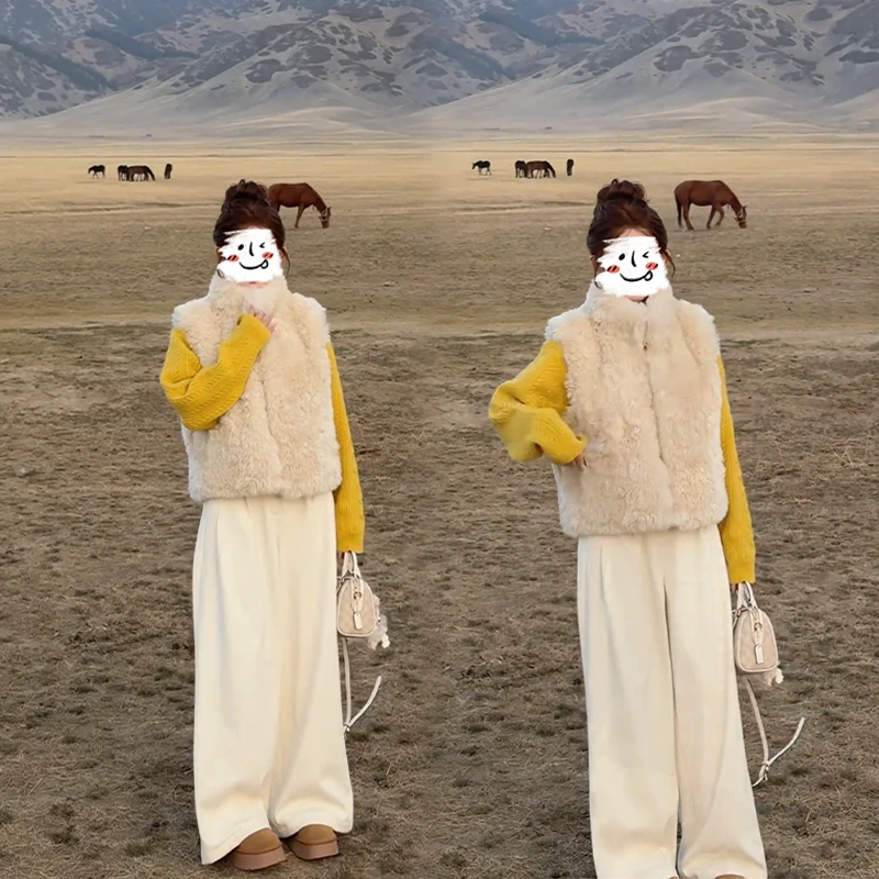 秋冬季时尚INS风短款气质百搭毛绒绒马甲搭配针织衫慵懒风三件套