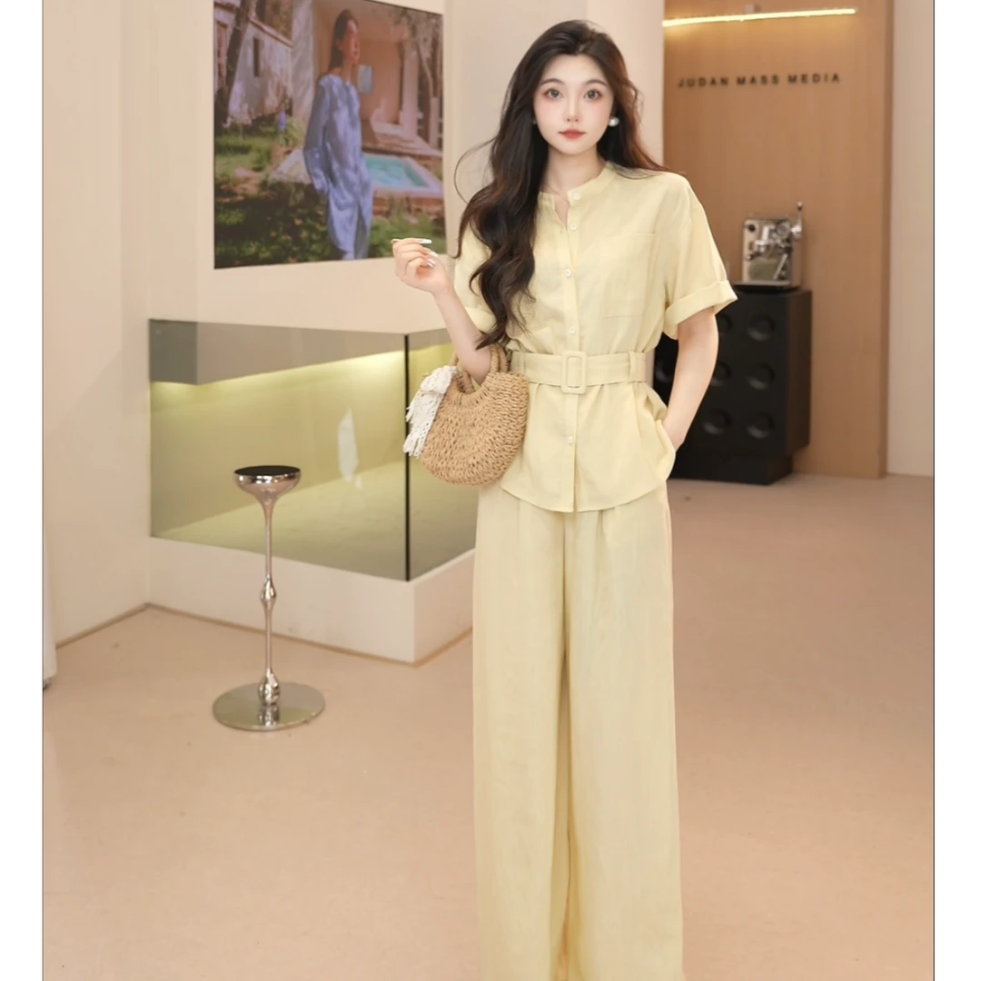 Basic House/百家好HS夏季新款高级感收腰系带衬衣时尚阔腿裤套装