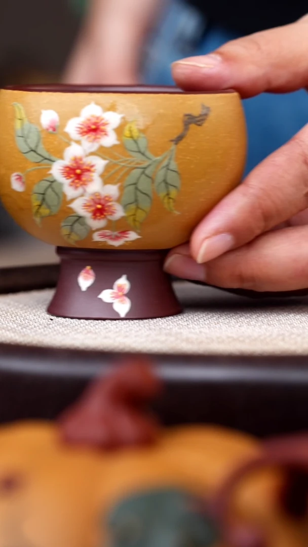 茶壶紫砂黄金段粉浆灯笼杯泥绘花
