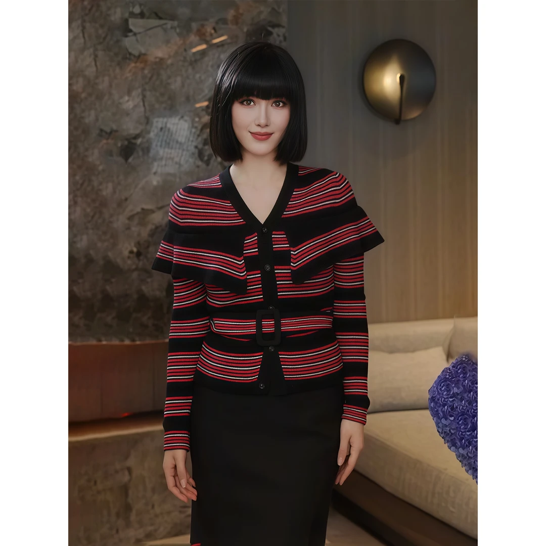 复古风V领撞色拼接针织开衫女早秋季新款小众系带收腰高级感上衣