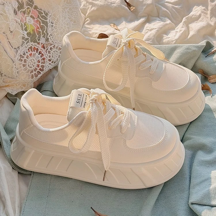 Moleubak小白鞋女2025新款夏季透气网面板鞋百搭厚底增高鞋休闲鞋