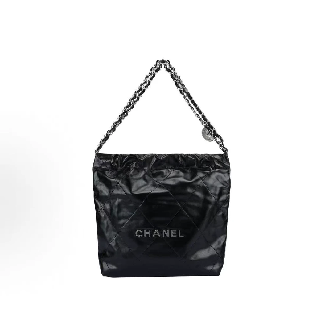99新 Chanel/香奈儿 22Bag银色Logo皮穿链链条托特包Tote包小号黑
