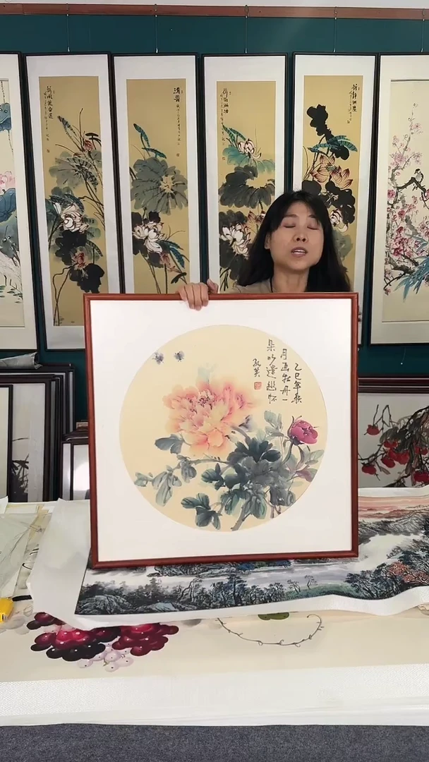 国画牡丹 实木装裱 63*63