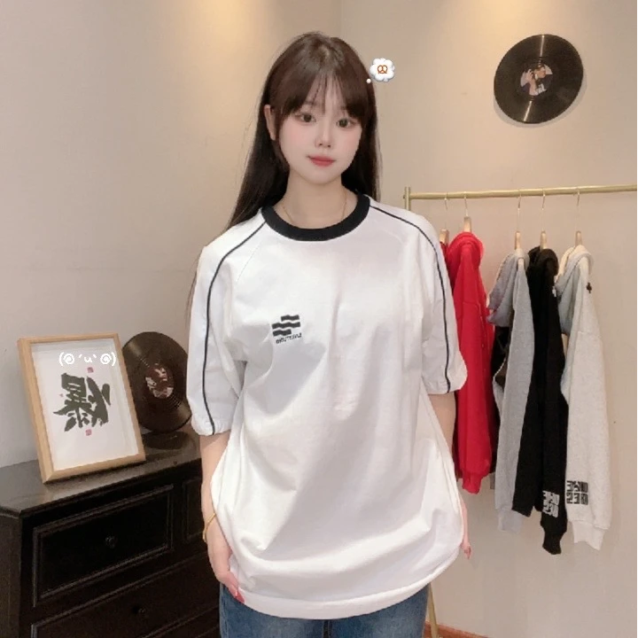 美式复古设计感字母刺绣纯棉短袖T恤男女高街白色宽松情侣上衣ins