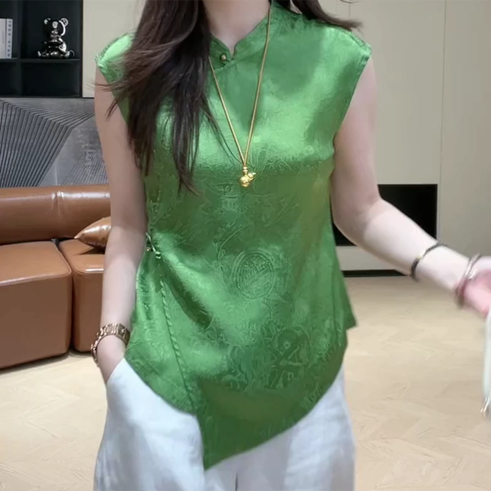 夏季新款新中式国风提花不规则无袖立领上衣显瘦C5302