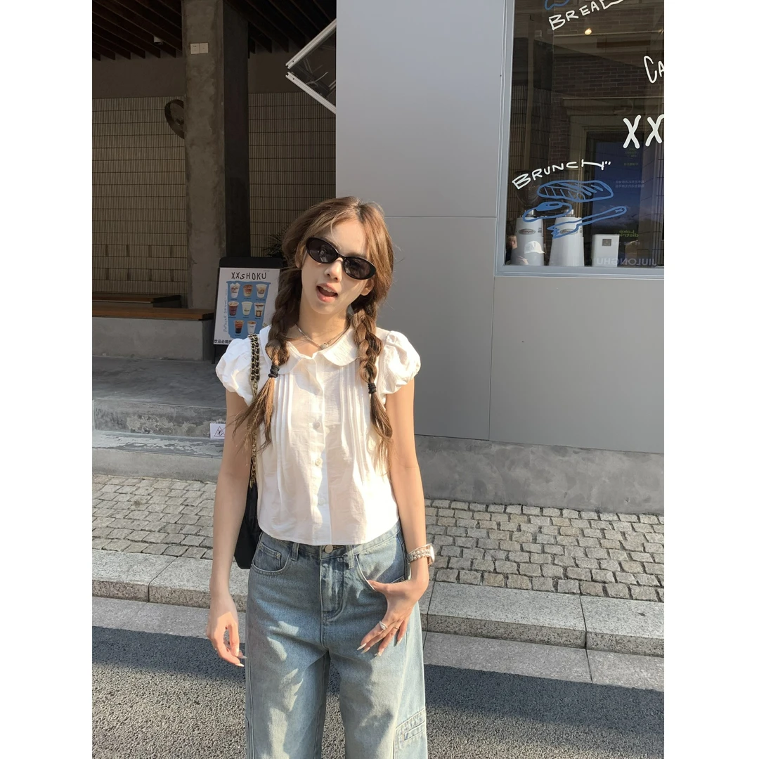 【珍妮日记】法式设计时髦时尚气质百搭珍妮短袖翻领上衣61617