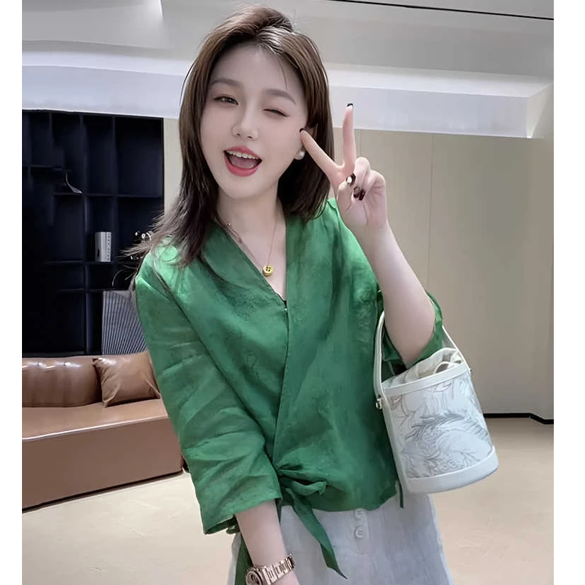 法式不规则交叉系带显瘦长袖粉色衬衫女2025新款宽松休闲洋气上衣