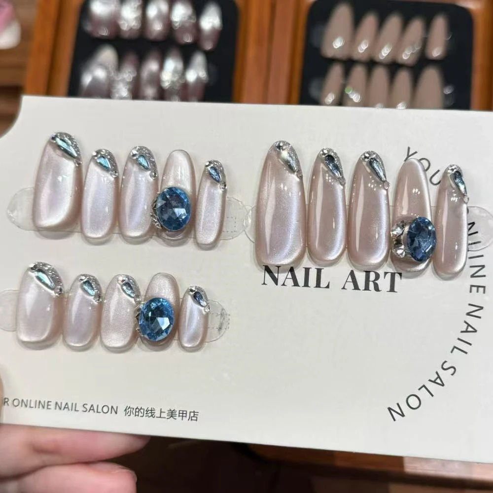 【夏日蓝钻】夏日海蓝色冰透猫眼纯手工穿戴甲温柔气质少女简约渐变