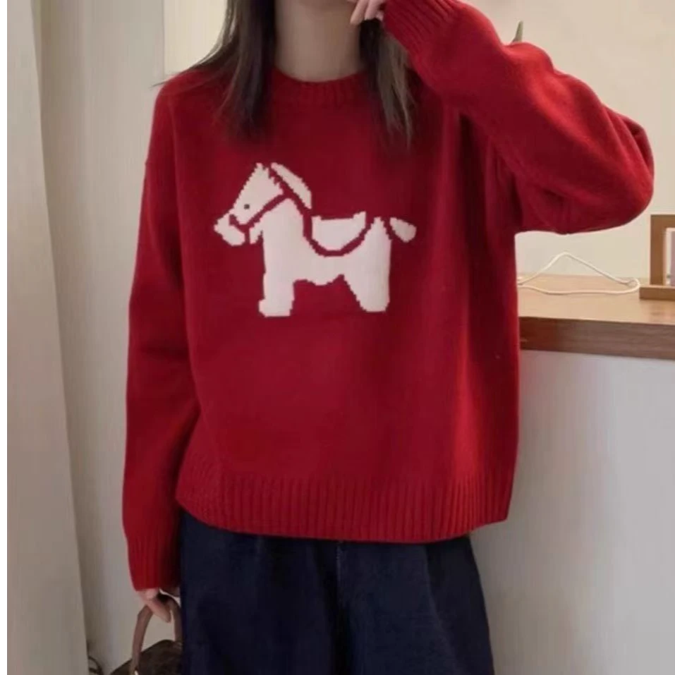 2025秋冬新款红色100%纯羊毛针织毛衣新年红小马刺绣圣诞羊毛衫