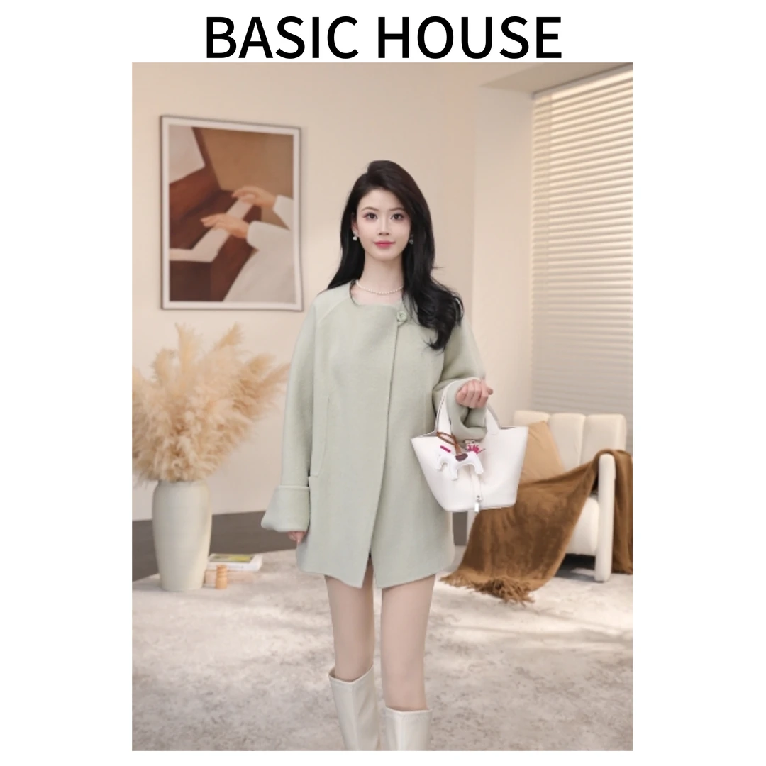 Basic House/百家好新款圆领羊驼毛高端双面呢轻奢中长款大衣A