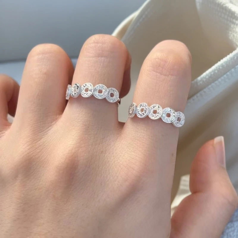 足银戒指 五路财神钱币轻奢手工可调节活口戒指指环足银小众时尚