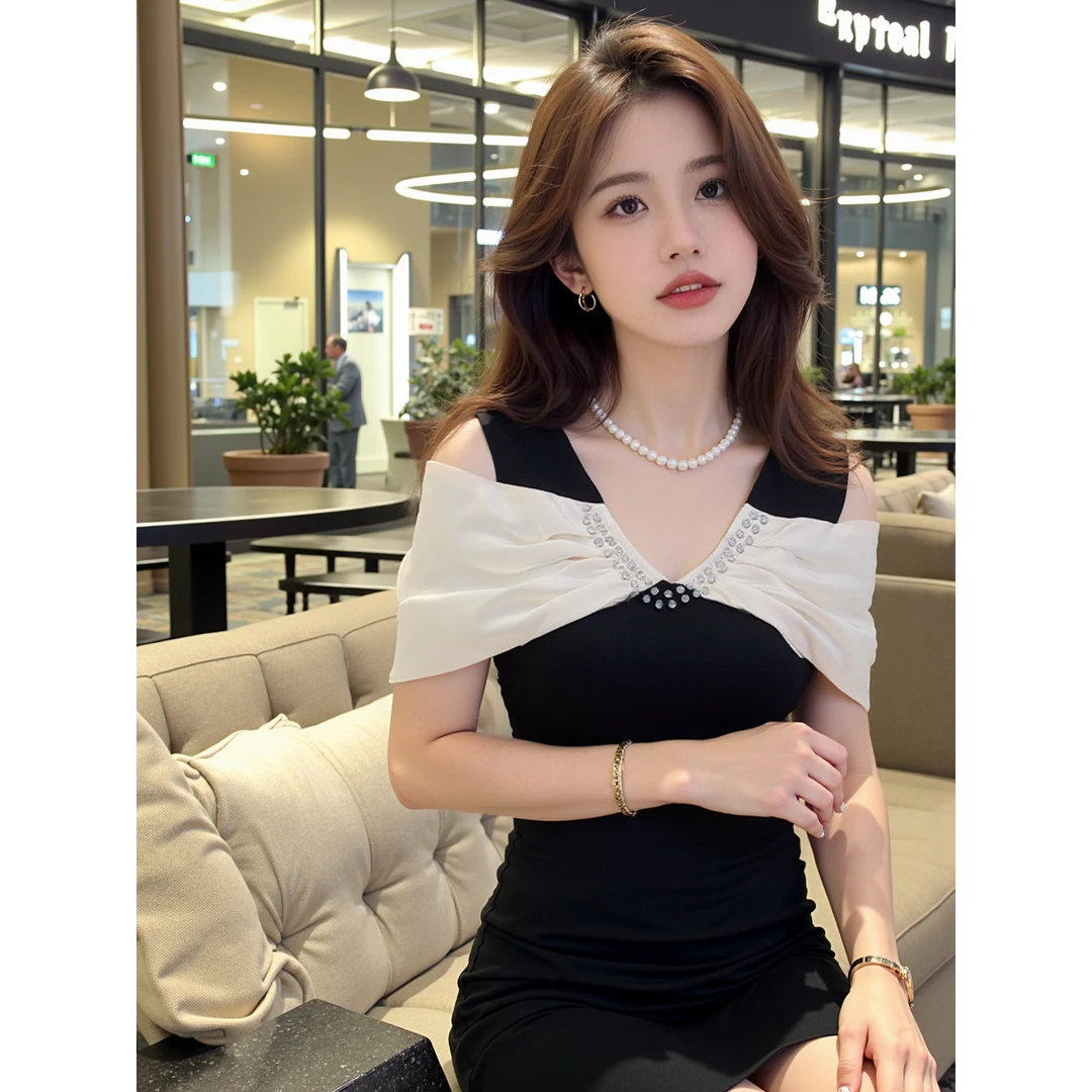 YH#【150斤可穿】露肩短袖镶钻修身夏上新时尚洋气显瘦T恤女DY14382