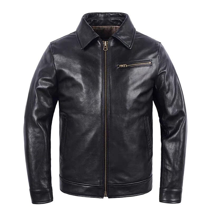 男士短款1930真皮夹克蜡染无涂山羊皮皮衣商务外套翻领修身机车服