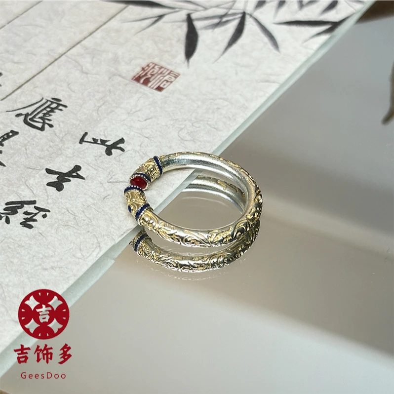 足银戒指 【赤蓝金纹】足银描金唐草纹戒指实心指环珐琅国风开口