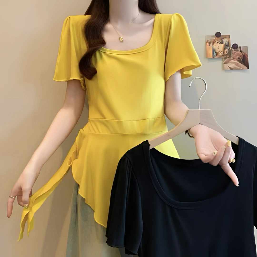 2025夏季新款小众设计U领不规则下摆掐腰绑带短袖T桖上衣时尚百搭