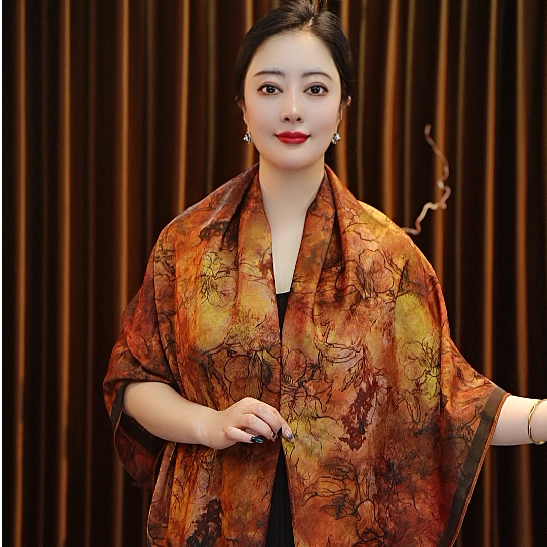 【秋海棠】140*140油丝大方巾围巾女士丝巾百搭双面戴国风复古新款