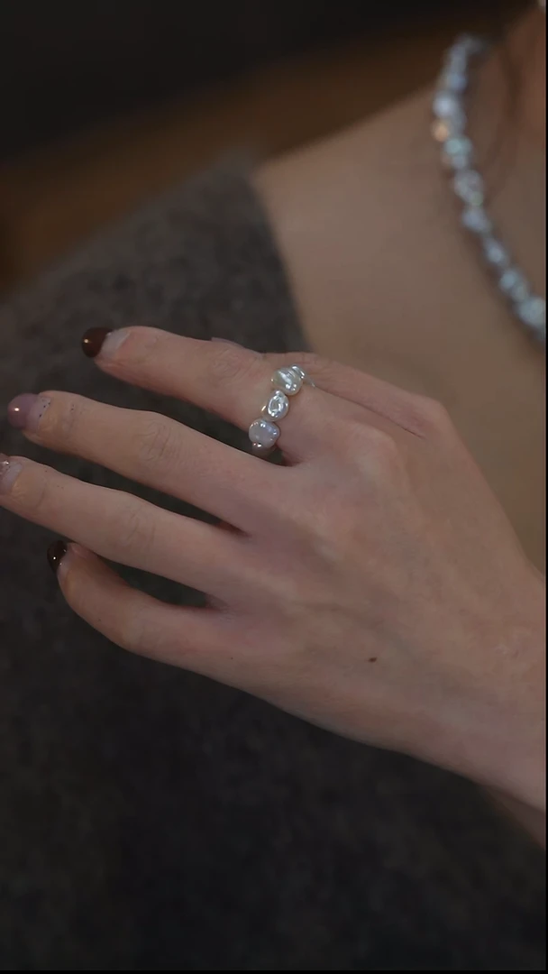 银S925镶嵌戒指淡水珍珠碎银弹力戒