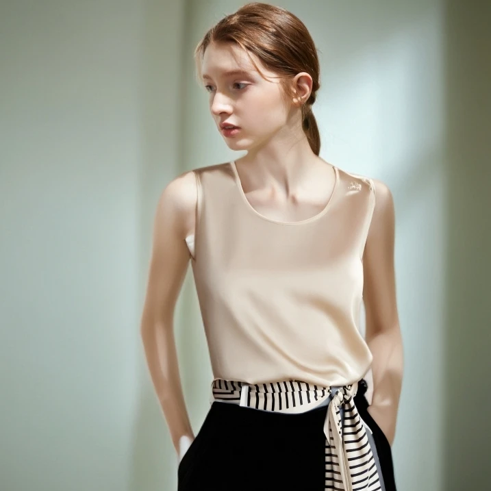 桑忆（光羽）桑蚕丝弹力双乔吊带背心女宽松内搭打底无袖上衣  1217