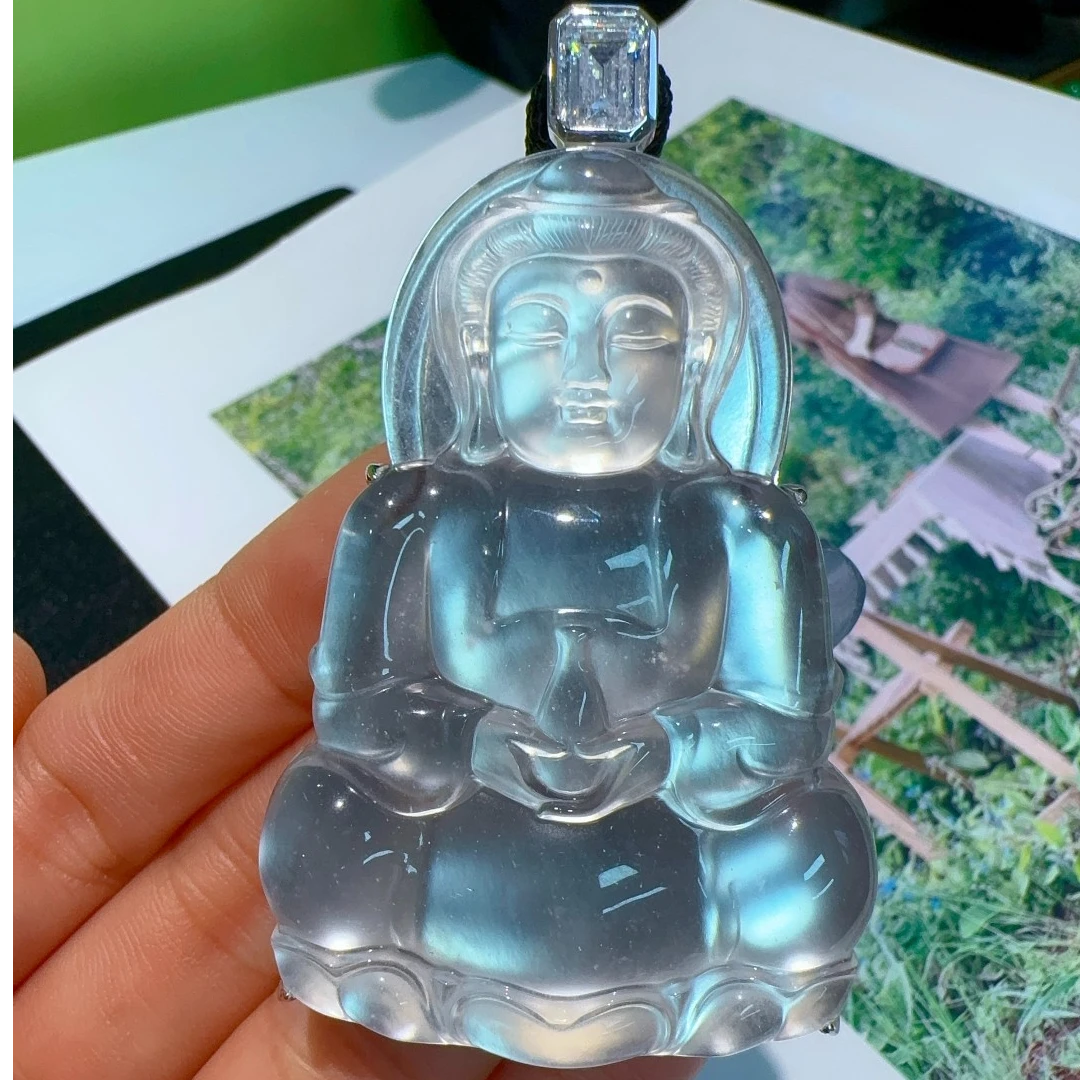 QIAOZUN/巧尊天然缅甸石英质玉大观音吊坠冰透简约镶嵌新中式挂件