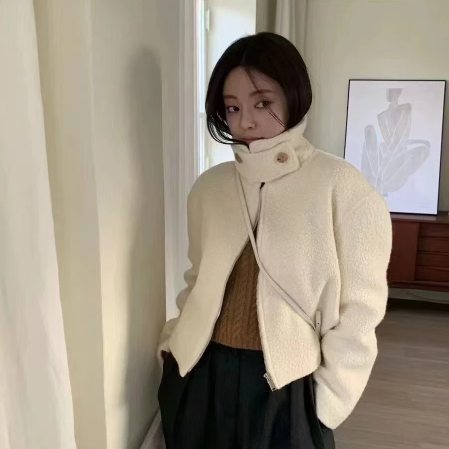 韩国chic秋季冬法式高级感立领拉链式长袖毛呢短外套宽松休闲百搭