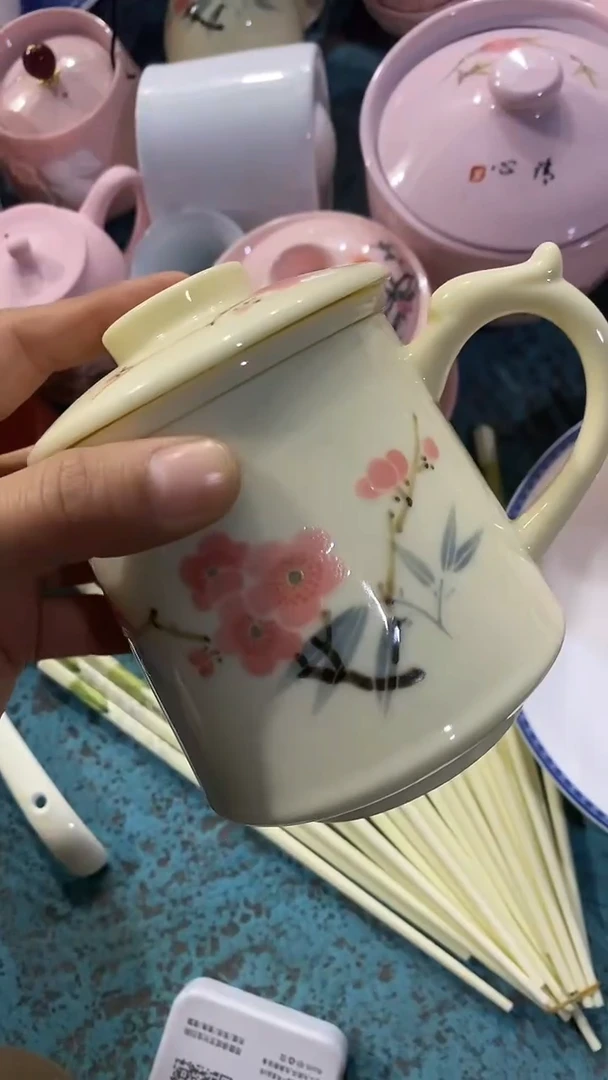 摆件陶黄稀土翠竹红梅办公杯