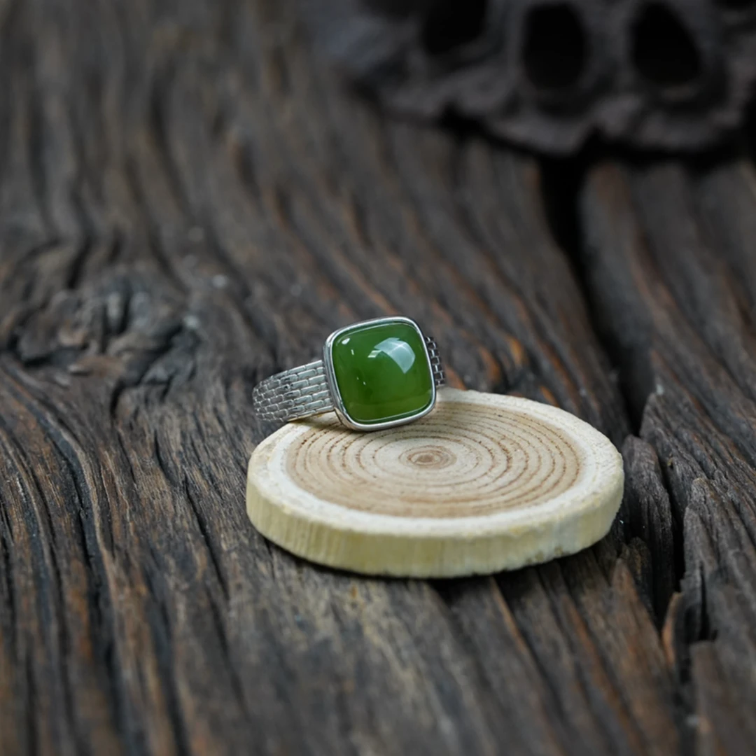 【石缘居珠宝】S925银镶嵌和田玉碧玉佩戴时尚个性款方形戒指 C4-1