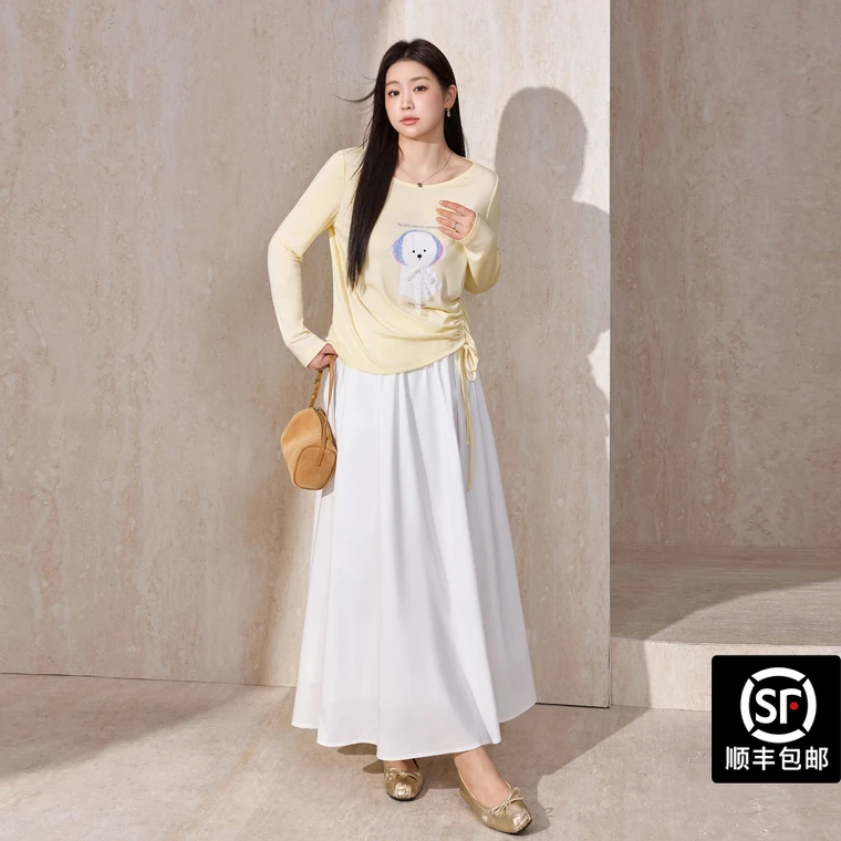 蓝语大码女装2025早秋卡通小狗印花长袖T恤薄款宽松显瘦羊毛上衣