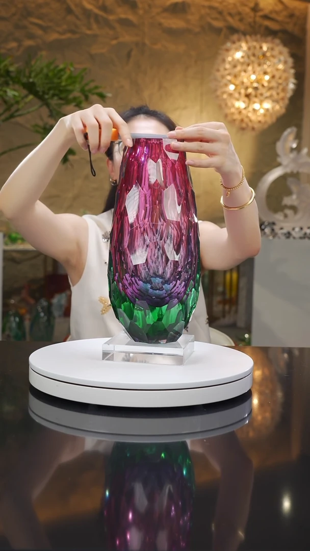 琉璃手工艺品福利金红湖水绿凹切面花瓶