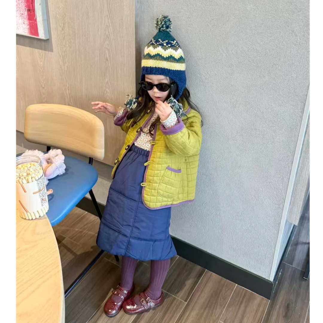 壹妈童装秋冬新款女童套装草绿色夹棉外套洋气复古蓝色夹棉半裙