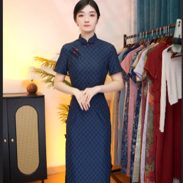 日常气质夏季纯色复古中国风旗袍群优雅显瘦时尚长款修身