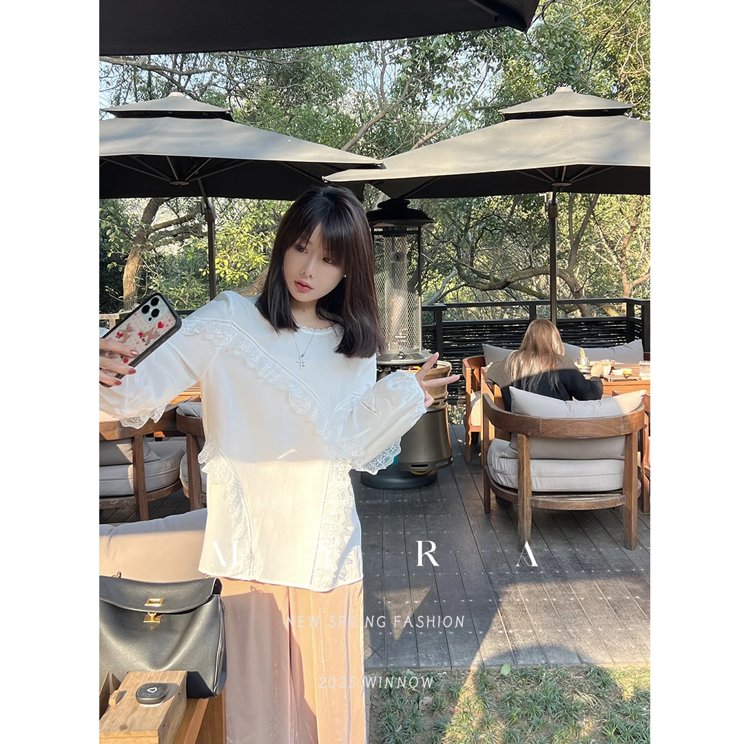 MYRA“森语”亚麻棉蕾丝拼接宽松小衫上衣XMSC02545