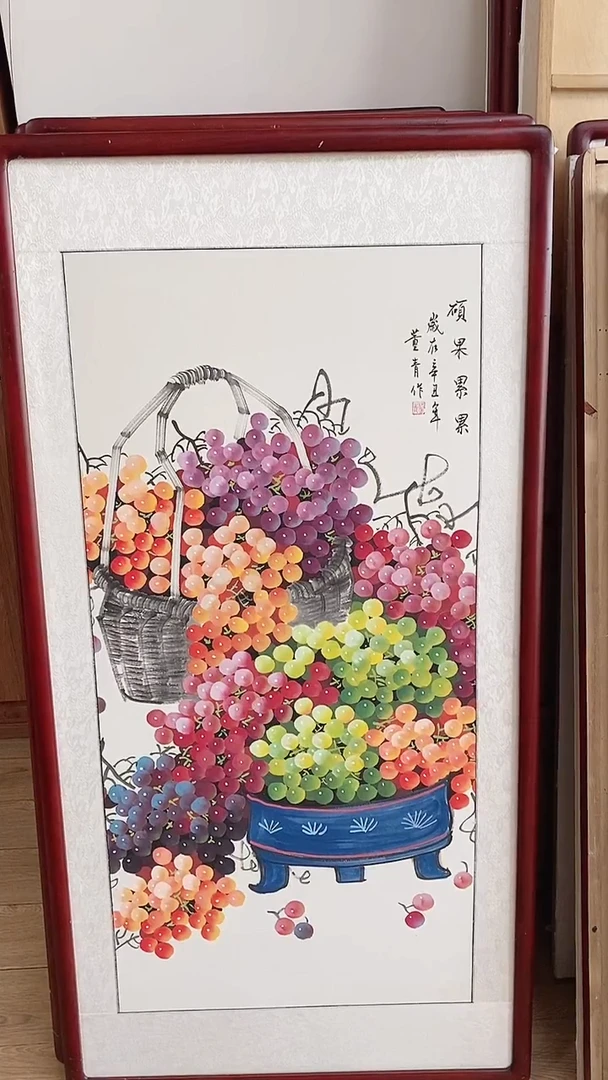 国画纯手绘125*65花鸟牡丹花带框装饰字画