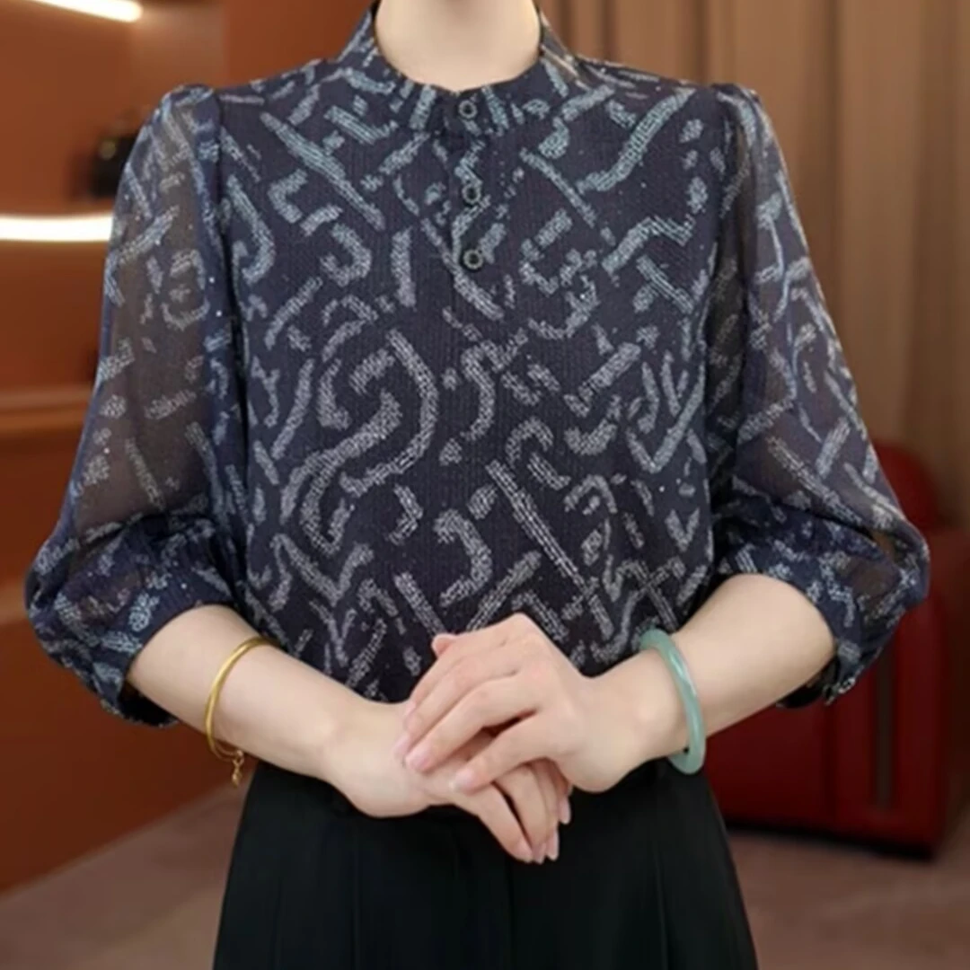 【洒银】夏天薄款七分袖复古衬衫大码胖mm遮肚宽松显瘦洋气衬衣小衫