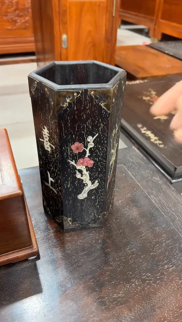 木紫檀木六角镶嵌帽桶