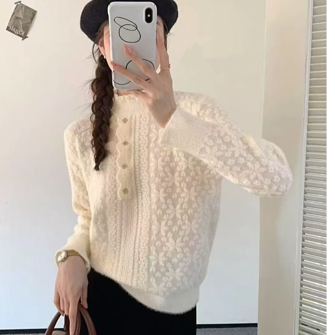 半高领钉珠蕾丝拼接毛衣内搭女秋冬花瓣针织衫独特别致打底上衣