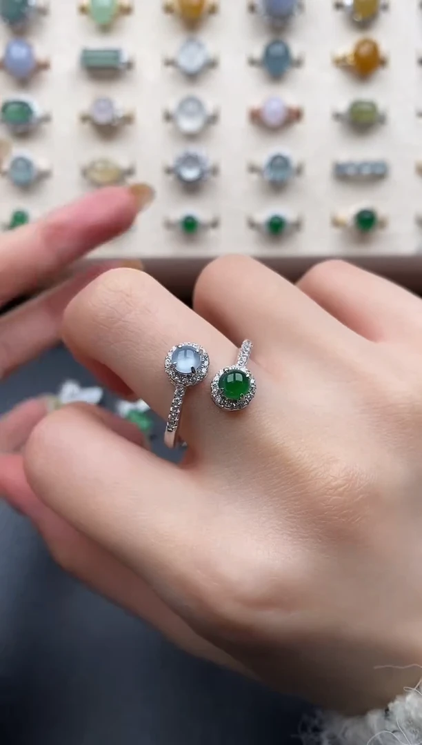 银S925镶嵌戒指翡翠一物一证一礼盒