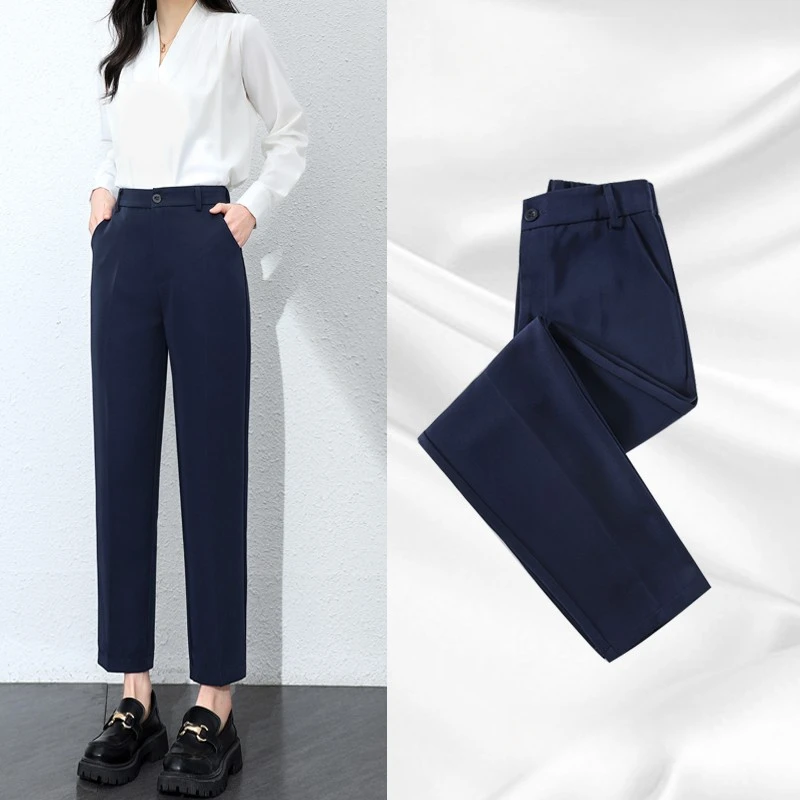 藏青色西裤女春秋薄款大码职业工作裤高腰直筒九分黑色西装烟管裤
